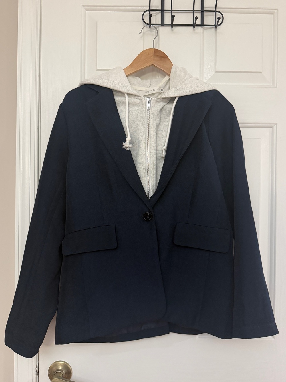 SixFifty Classic Navy Blazer with Grey Hoodie Layer